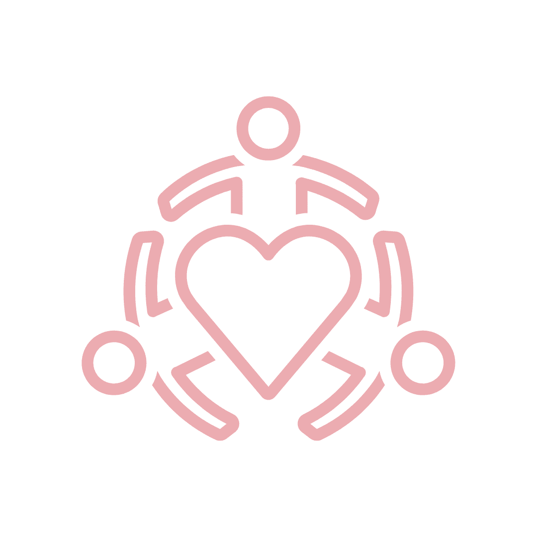 Icon of three stylized figures surrounding a heart, representing community and unity.