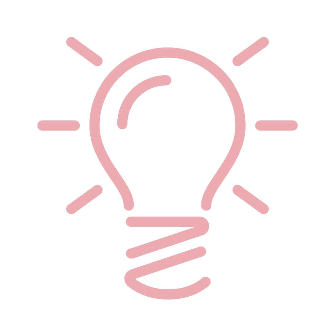 Illustration of a pink light bulb with light rays emanating from it, symbolizing an idea.