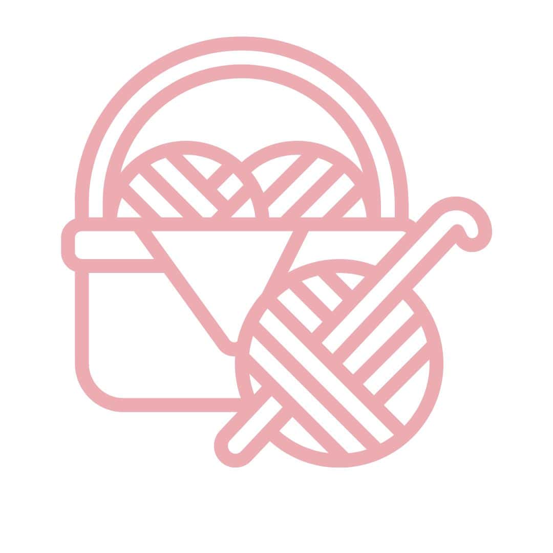 Illustration of a basket with balls of yarn and a crochet hook in pink outline on a white background.