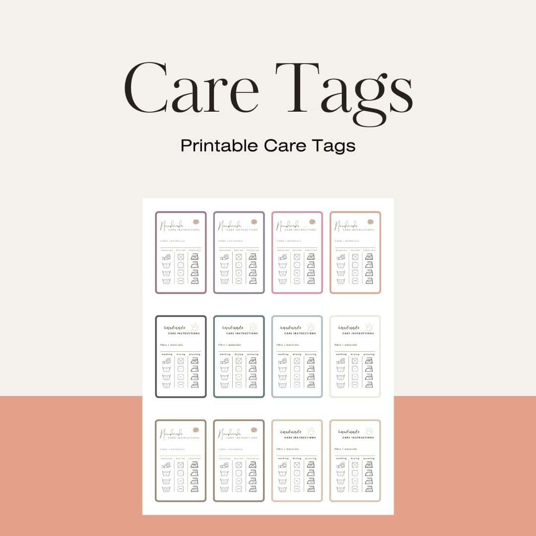 Printable care tags displayed in a grid, each with icons for washing instructions. The top section reads "Care Tags" with a subtitle "Printable Care Tags.