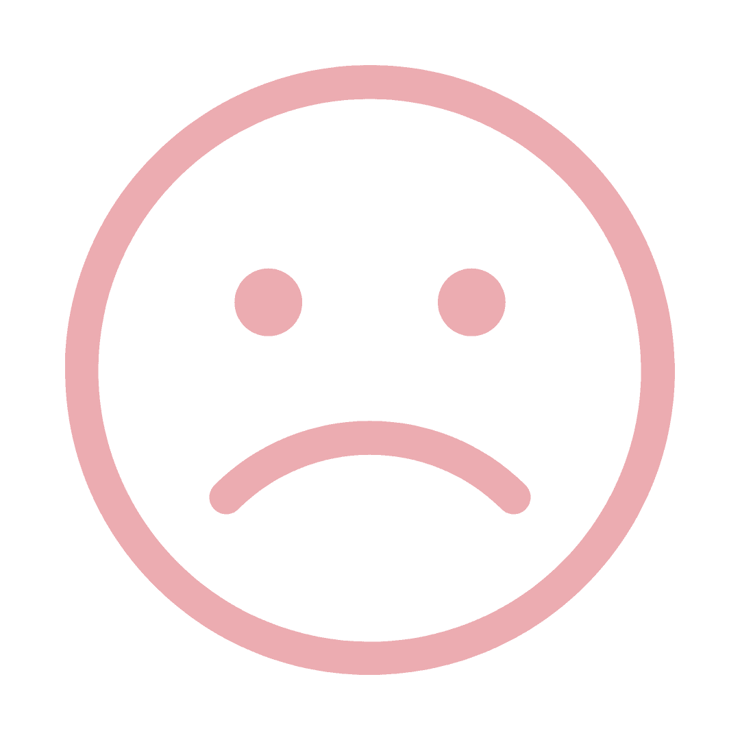 A pink sad face emoji with a frown and two circular eyes on a white background.