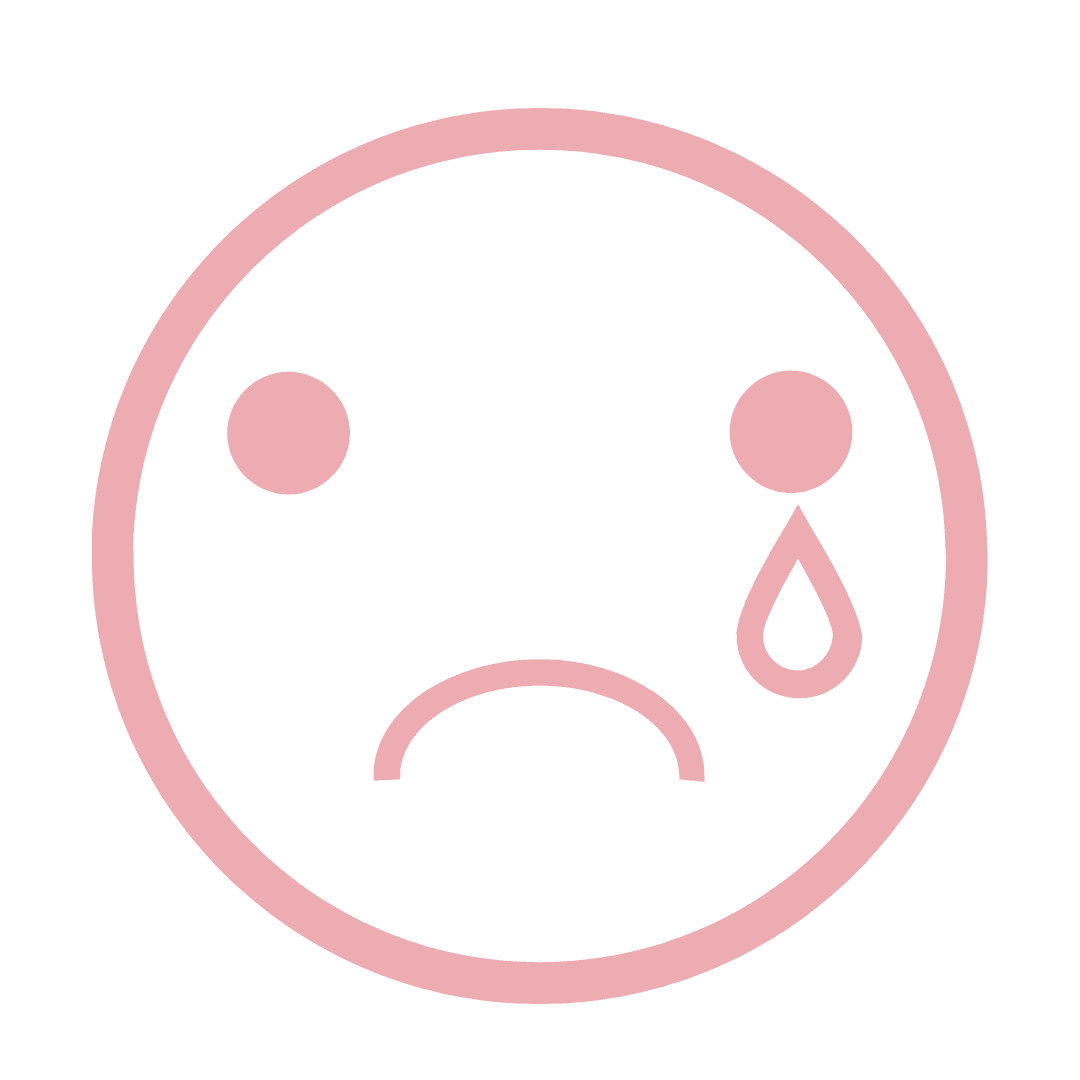 A pink sad face emoji with a tear drop on a white background.