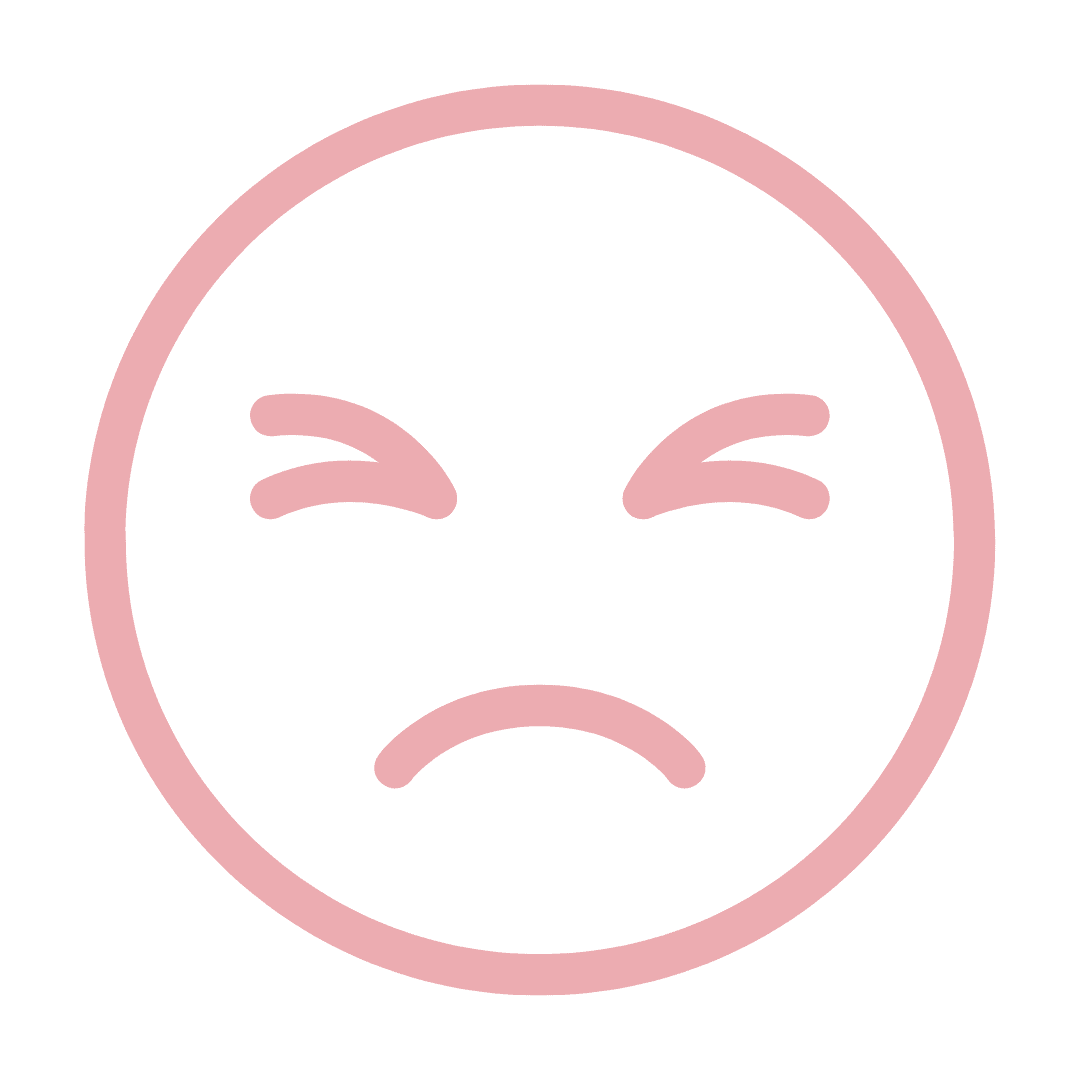 A pink sad face emoji with closed eyes and a frowning mouth on a white background.