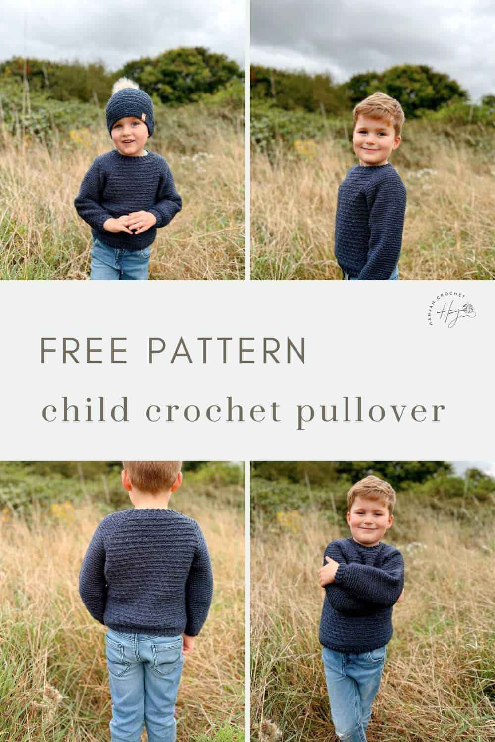 A child stands in a field wearing a dark blue crocheted pullover and jeans, embodying the simplicity of an easy child crochet sweater. The image text reads, "Free pattern child crochet pullover.