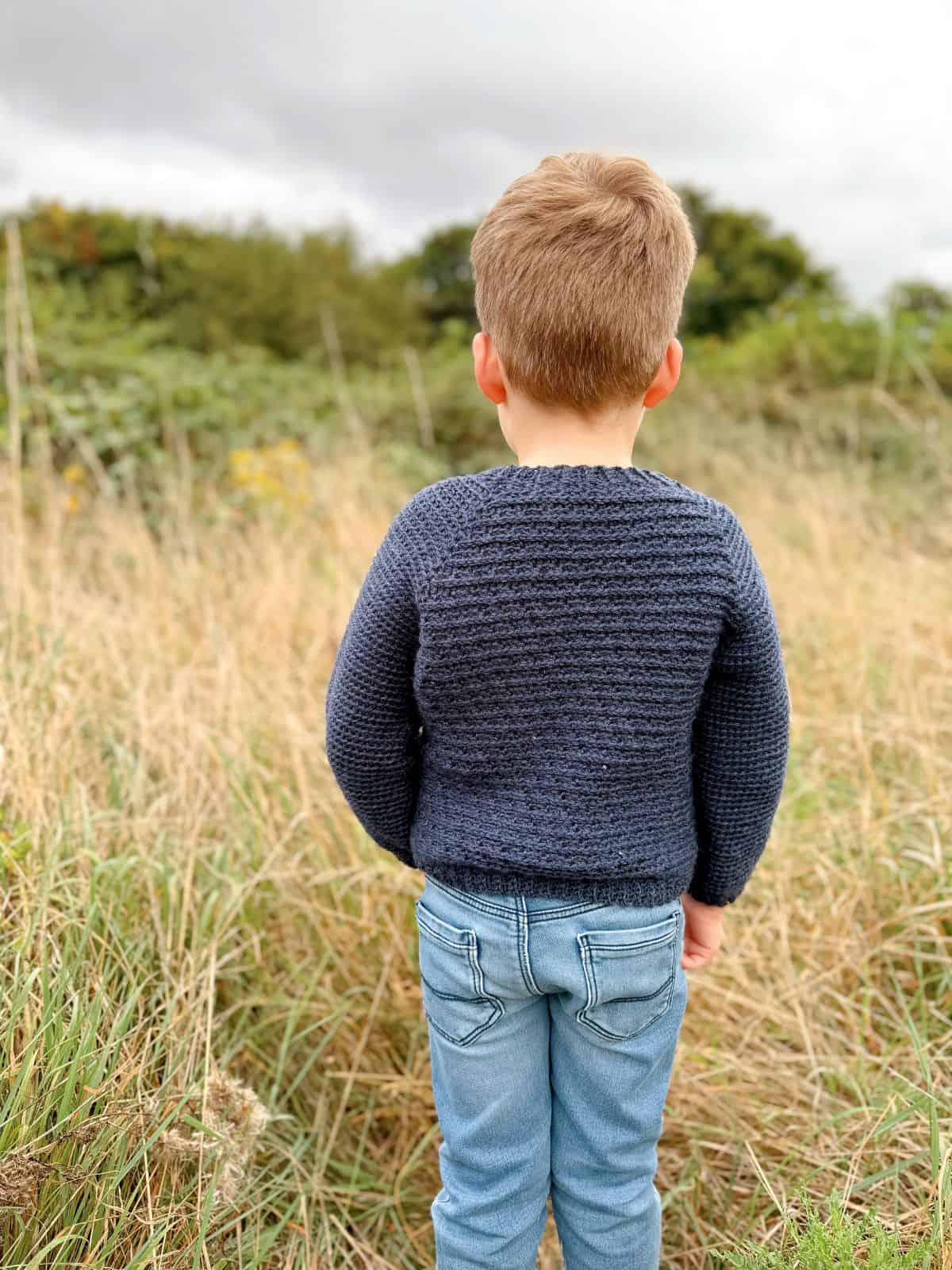 A child in a charming, crochet blue sweater and jeans stands in a grassy field, facing away.