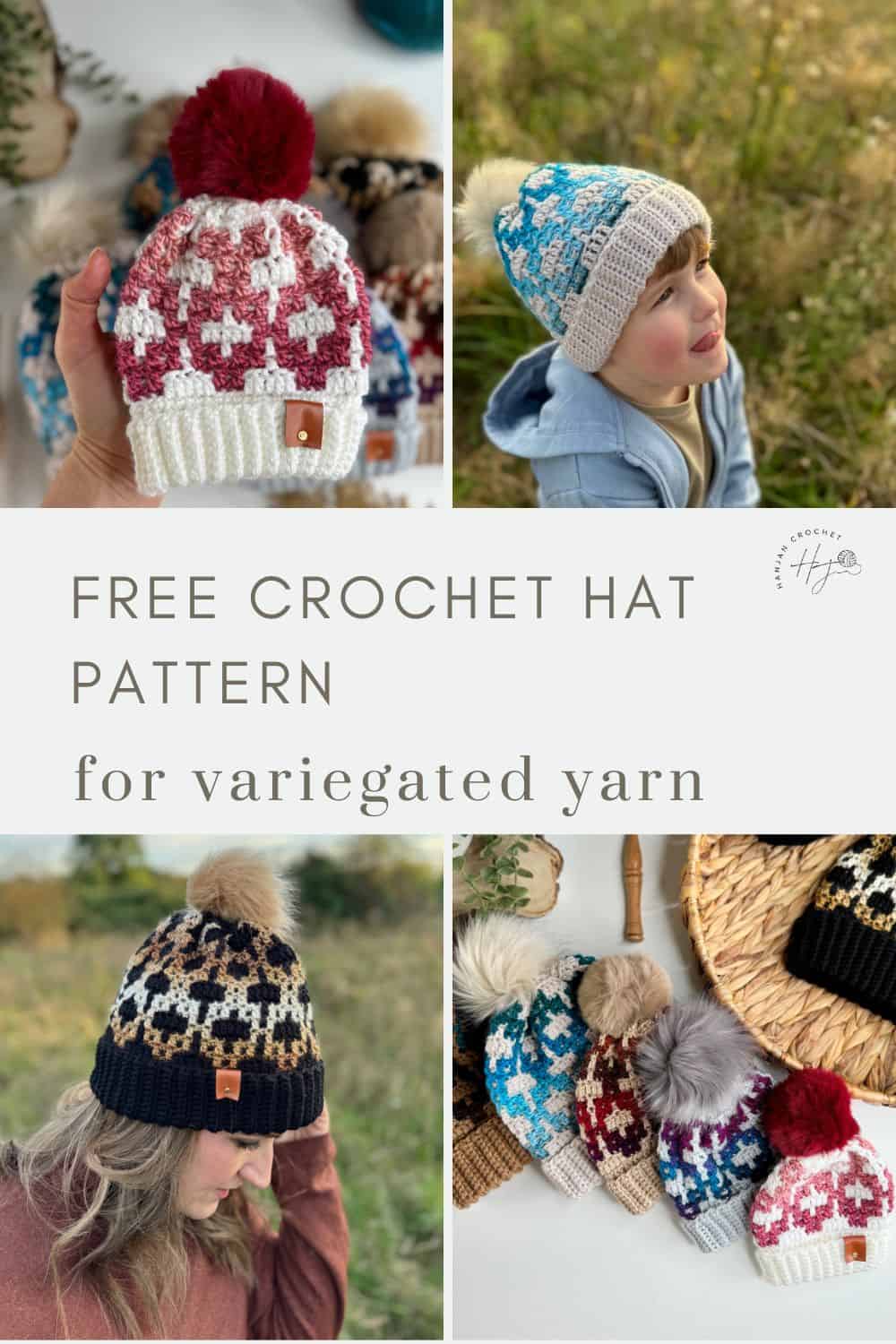 Collage of crochet hats in various colors and designs, with a text overlay offering a free mosaic crochet hat pattern for variegated yarn.