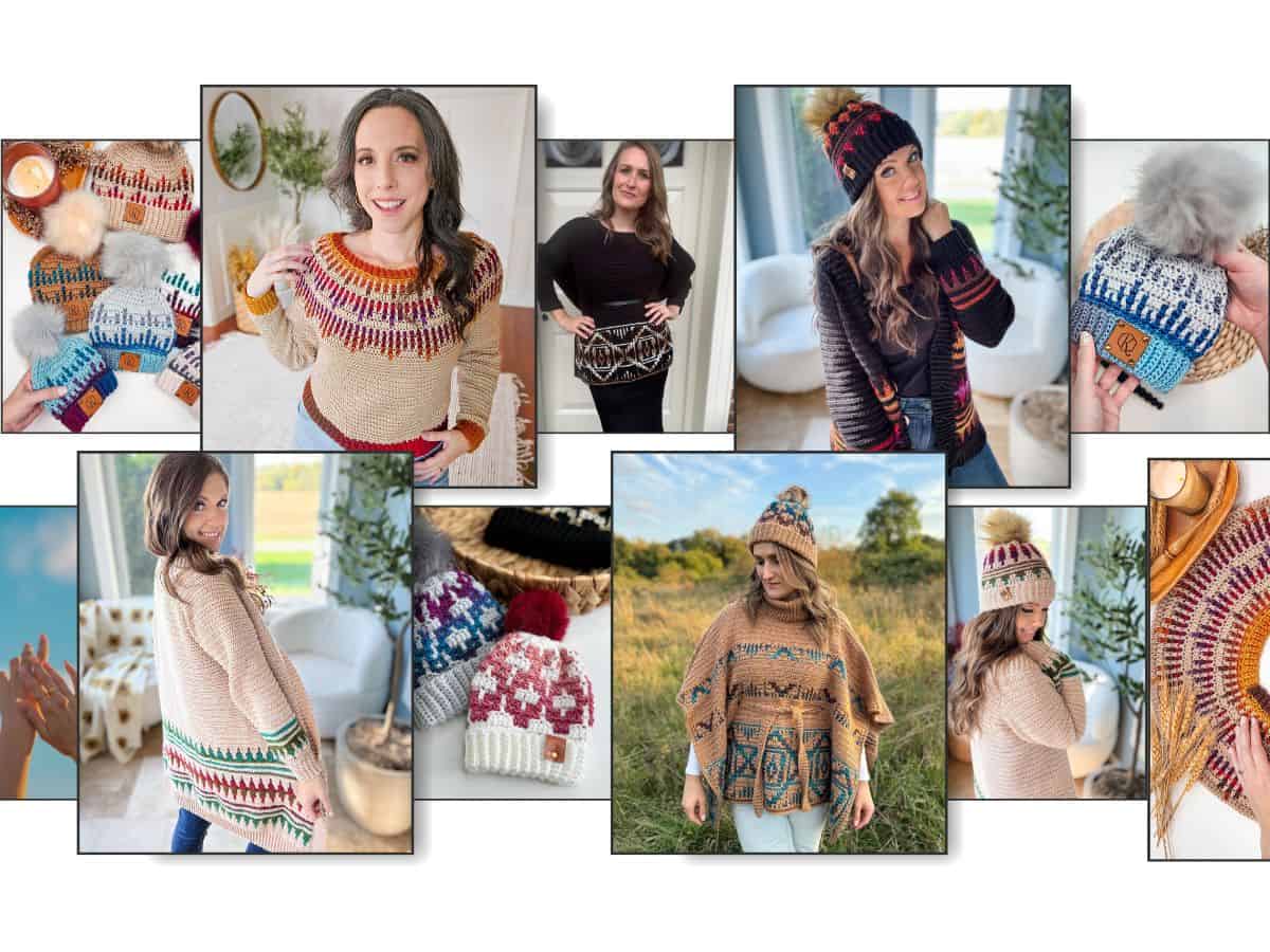 A collage of women modeling various knit sweaters, hats, and accessories in different settings.