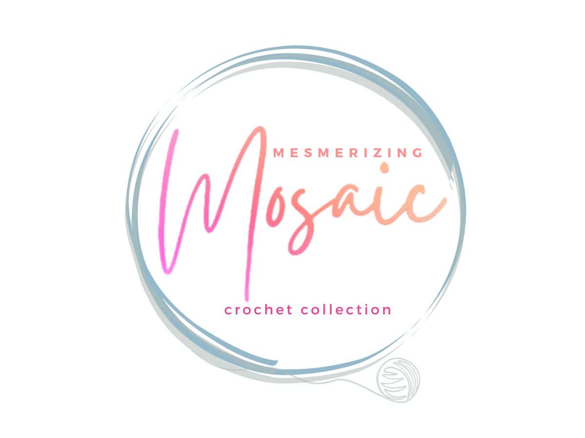 Logo for "Mesmerizing Mosaic Crochet Collection" with cursive text in a circular design and pastel colors.