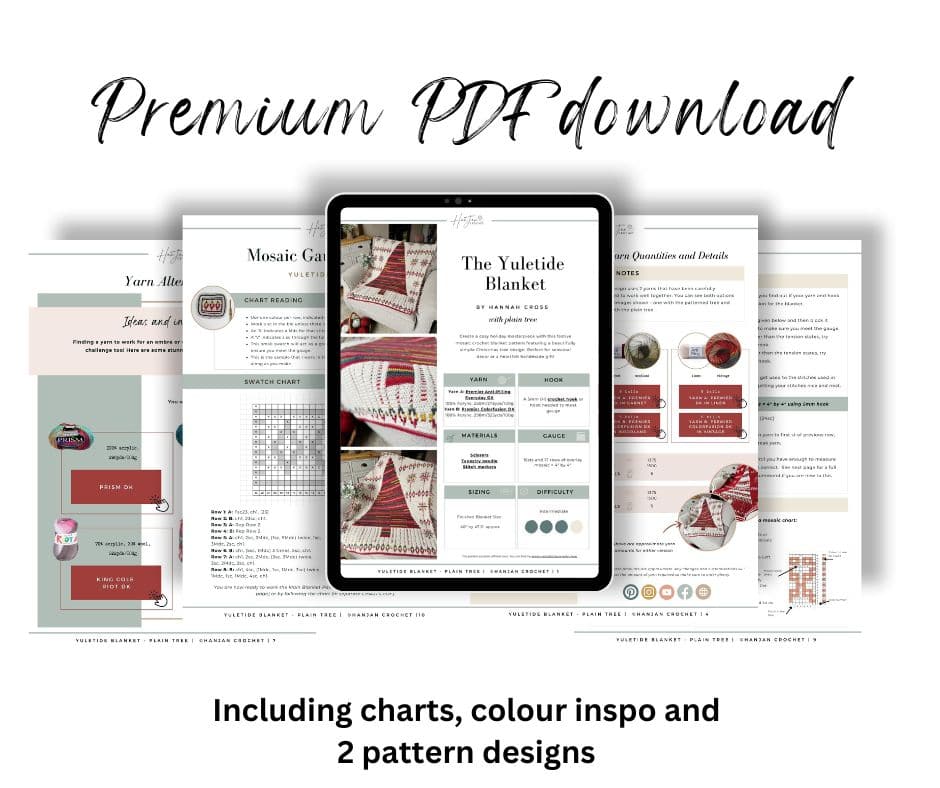 Discover the digital display of a premium PDF download for a Yuletide Blanket, perfectly crafted with festive charts, color inspiration, and two unique crochet Christmas blanket patterns.