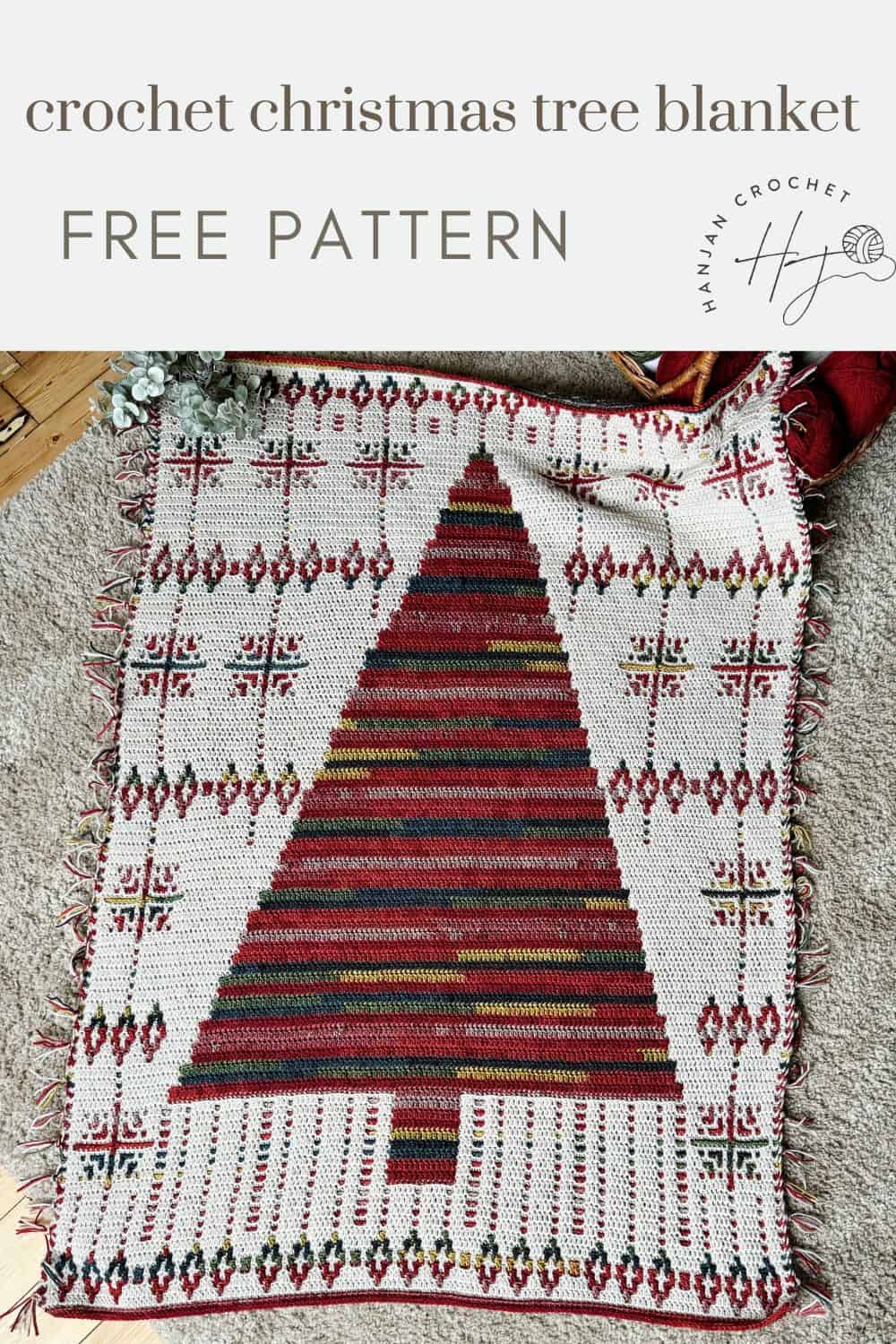 Crochet Christmas tree blanket featuring red, green, and brown stripes, elegantly framed by a geometric pattern. Displayed with a “Free Crochet Christmas Blanket Pattern” label.