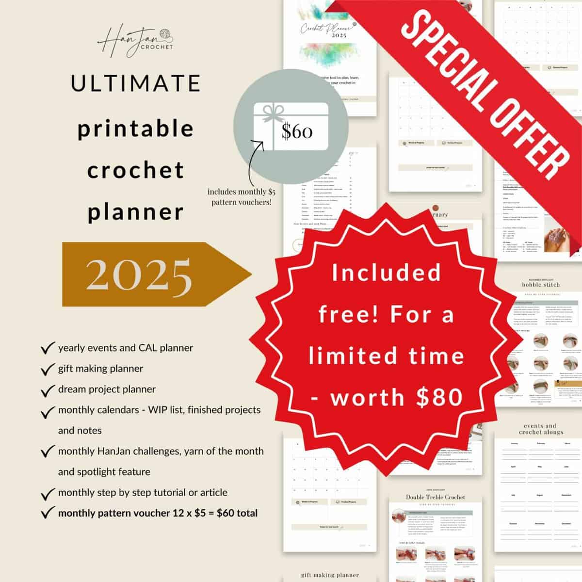 Introducing the 2025 Ultimate Printable Crochet Planner! Unlock special offers like a $5 pattern voucher and extra content valued at $80. Plus, enjoy a limited-time crochet Christmas blanket pattern to keep your holiday crafting cozy and festive.