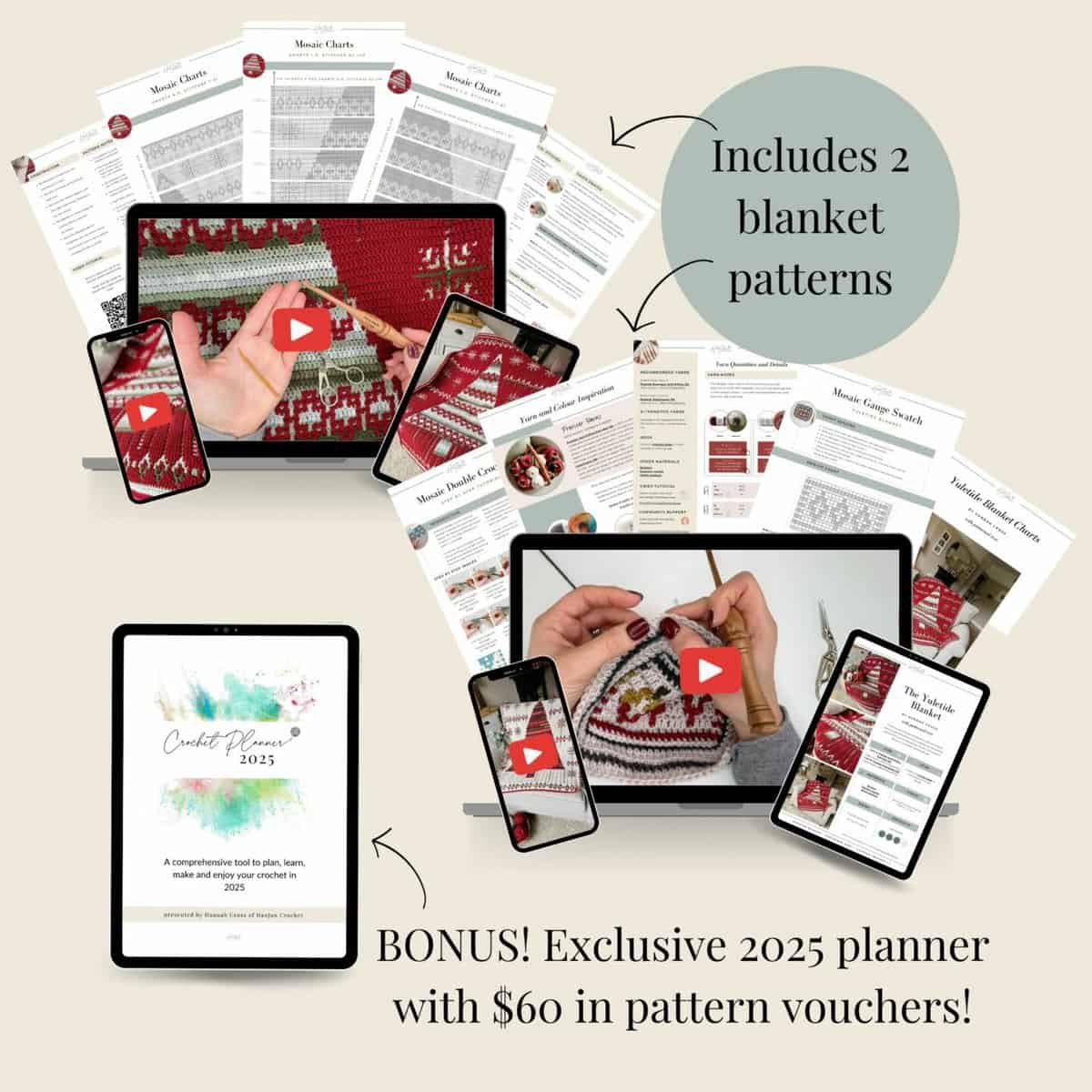 Discover the ultimate digital crafting course bundle, featuring crochet Christmas blanket patterns, pattern PDFs, and engaging video tutorials on screens. Plus, enjoy a 2025 planner with pattern vouchers and two exclusive blanket patterns to spark your creativity.