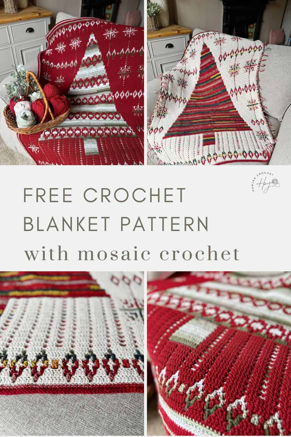 Two images of crocheted blankets with festive red, white, and green patterns. Text reads: "Free Crochet Christmas Blanket Pattern with Mosaic Crochet.