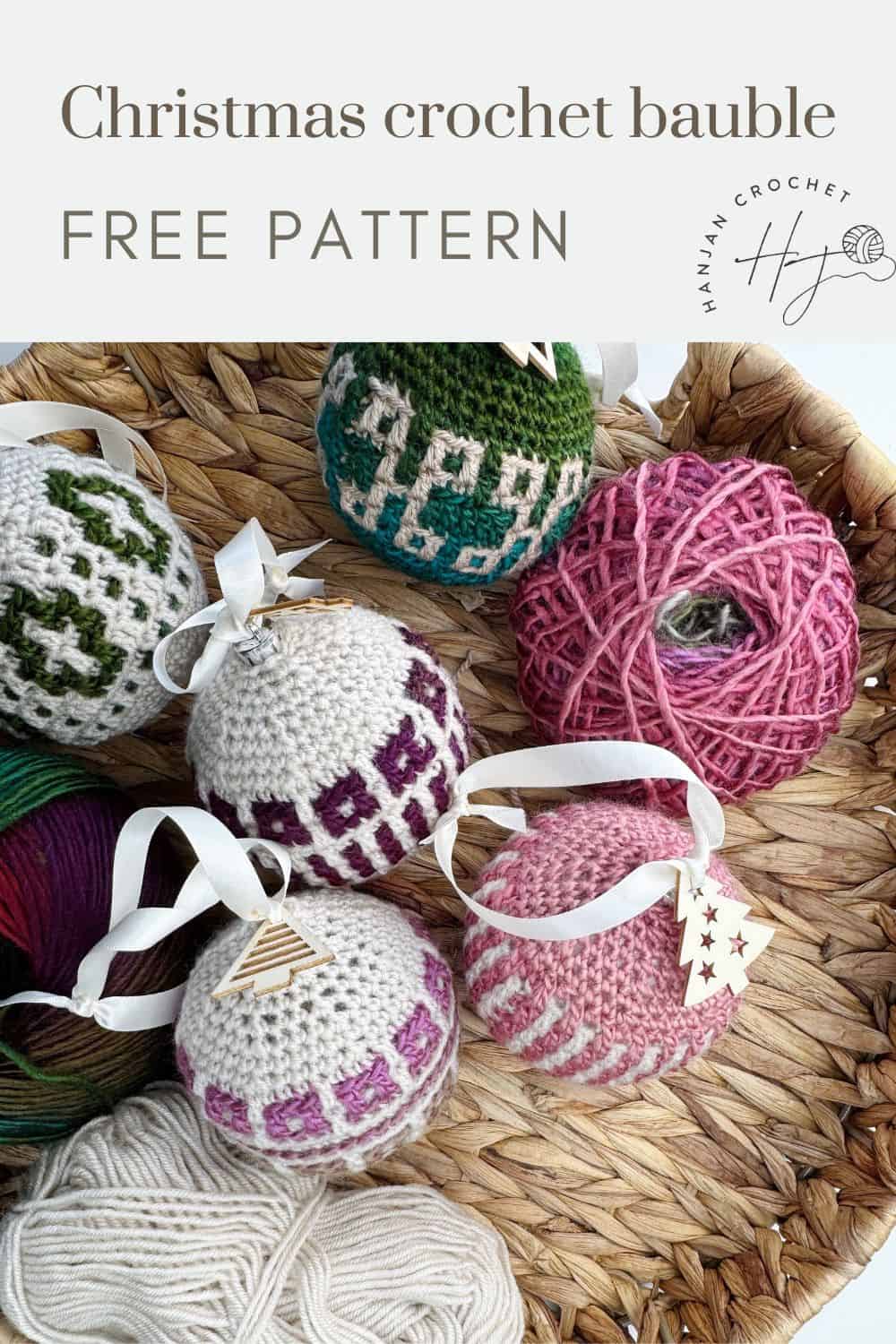 A basket brimming with crochet baubles and yarn showcases delightful patterns and ribbons. Text reads "Christmas crochet tree decoration free pattern.