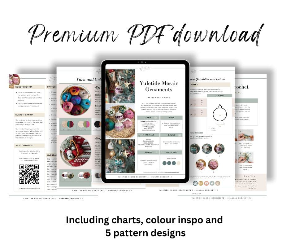 Digital display of a premium PDF download featuring Yuletide Mosaic Ornaments, complete with charts, color inspiration, five pattern designs, and crochet tree decorations.