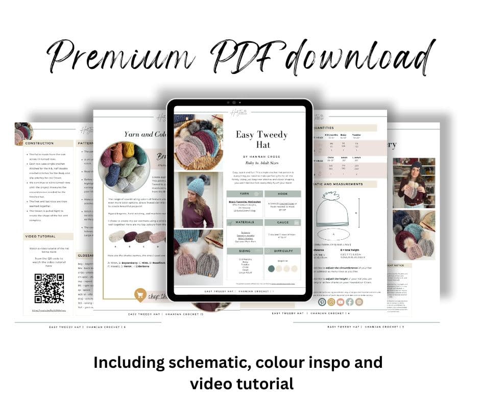 Image of a digital display showcasing a PDF download for an "Easy Tweedy Hat," combining yarn details, color inspiration, and a video tutorial. Discover an easy crochet hat pattern designed to streamline your crafting journey.