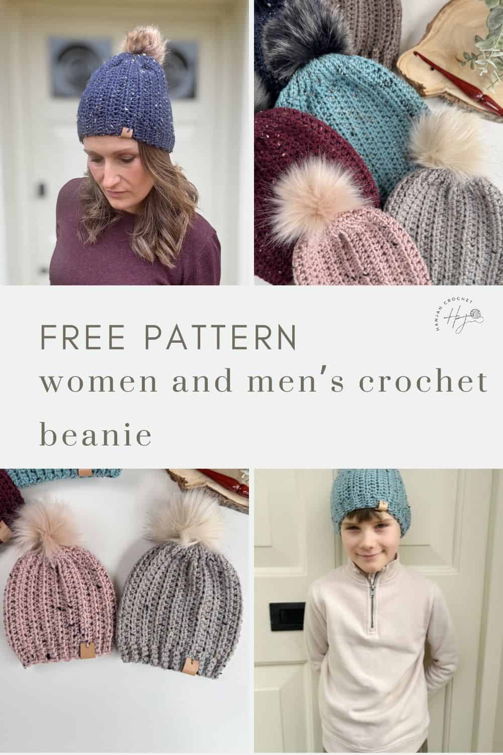 Collage of easy crochet hat patterns for women and men, showcasing a range of colors and designs with pom-poms. A person models a blue beanie. Text reads "Free pattern: women and men's crochet beanie.