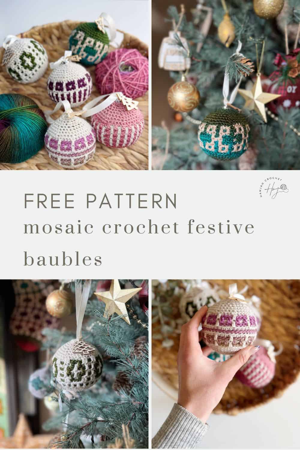 Crochet tree decorations in vibrant colors adorn a Christmas tree, with the text "Free Pattern: Mosaic Crochet Festive Baubles.