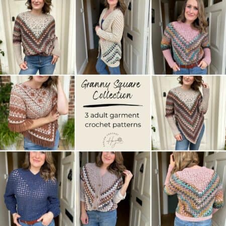 Collage of six images showcasing different colorful crochet tops worn by a woman. Text in the center reads: "Granny Square Collection: 3 adult garment crochet patterns.