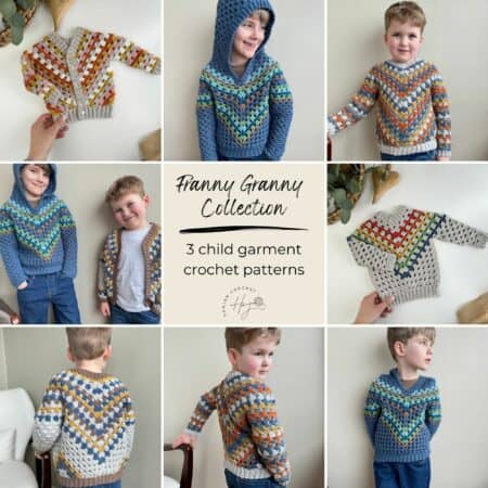 Collage of crochet sweaters for children, showcasing three colorful patterns with models wearing them and a text label in the center.