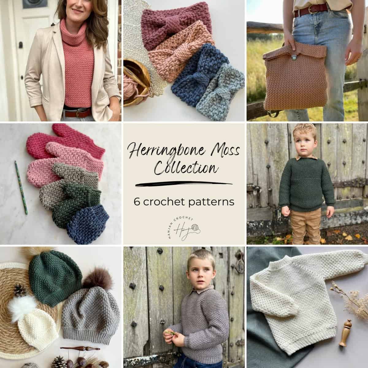 Collage of crochet patterns including scarves, sweaters, gloves, a handbag, and hats. The central text reads "Herringbone Moss Collection: 6 crochet patterns.