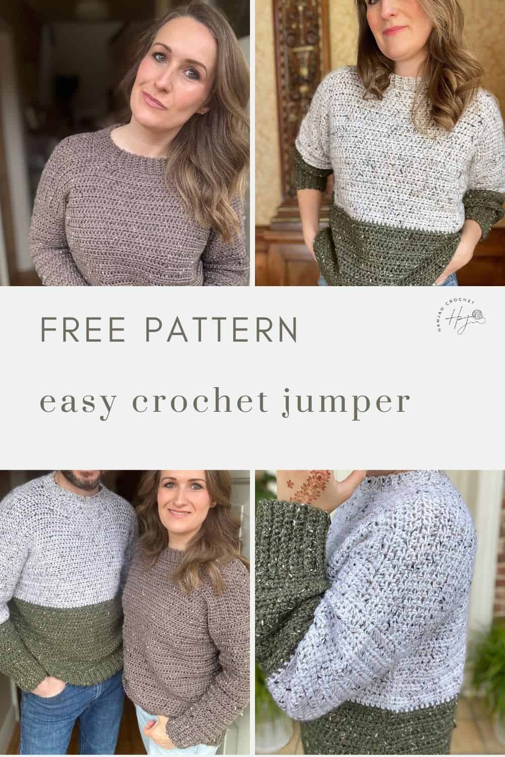 Collage of people wearing colorful crochet jumpers, with text: "FREE PATTERN easy oversized sweater.