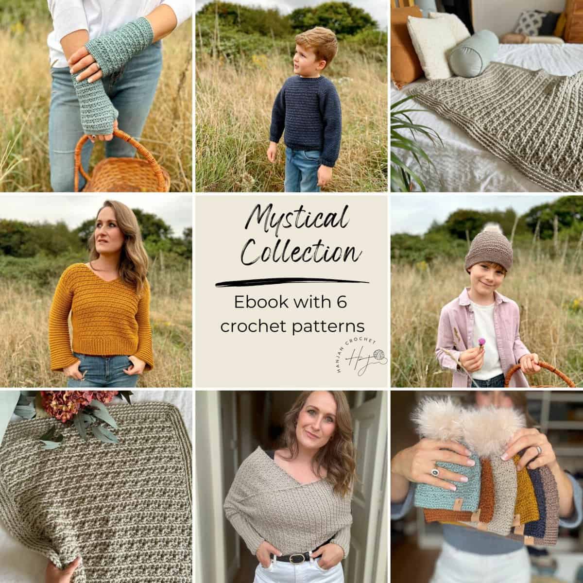 Collage of crochet patterns from the Mystical Collection ebook, featuring sweaters, accessories, and blankets modeled outdoors. Central text announces "Mystical Collection Ebook with 6 Crochet Patterns.