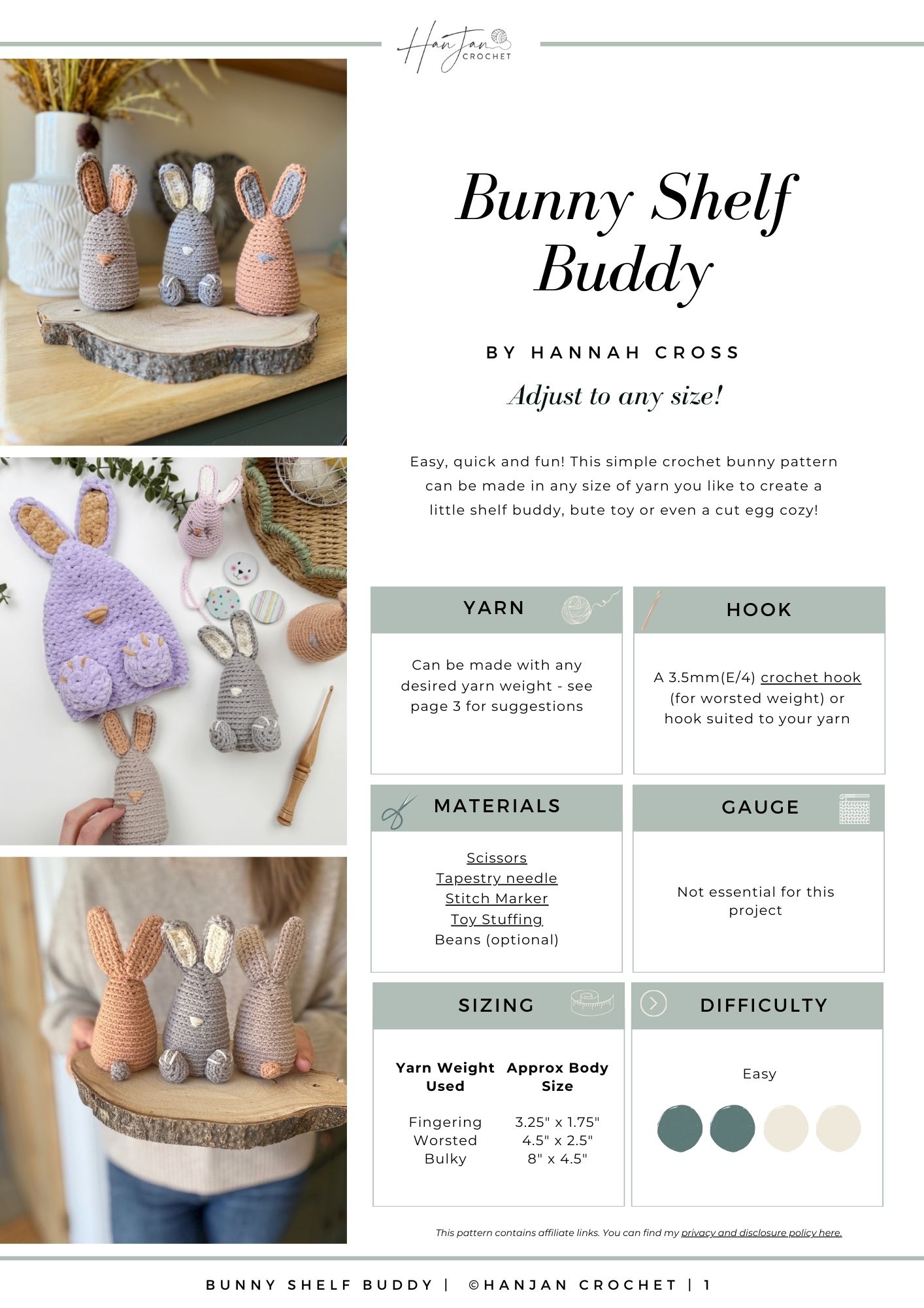 Crochet pattern flyer titled "Bunny Shelf Buddy" by Hannah Cross, showcasing adorable crochet bunny patterns with images, yarn suggestions, materials needed, and crochet hook recommendations.