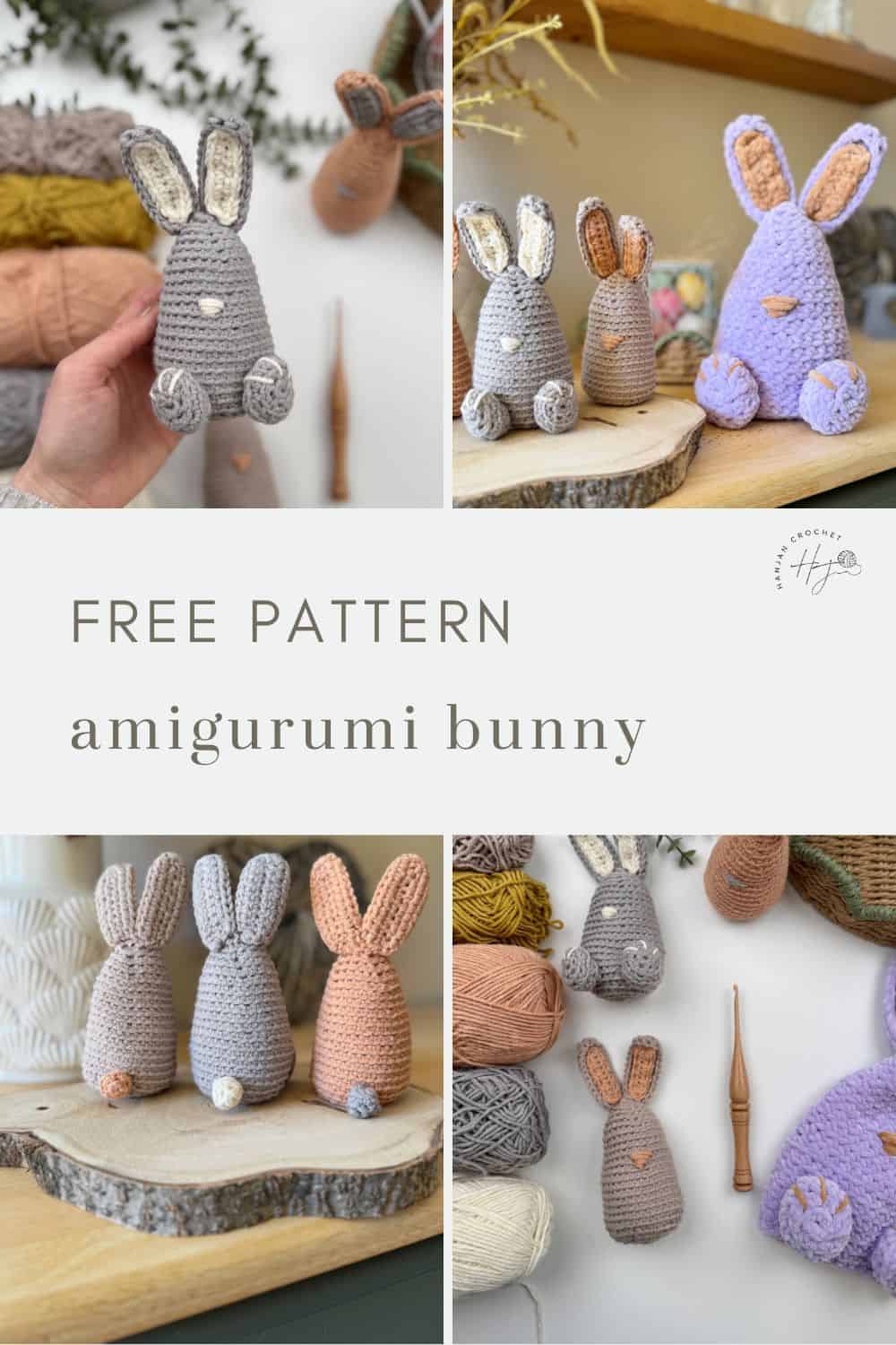 Crocheted amigurumi bunnies in various colors are displayed with yarn and crochet hooks. A hand holds one bunny in the top-left image. Text reads "Free Crochet Bunny Pattern.