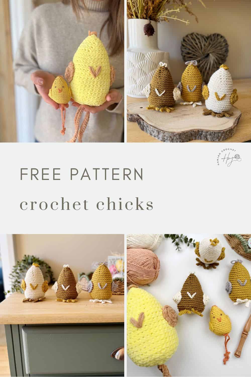 Four images of crochet chicks in vibrant colors. One is held in gentle hands, while others sit adorably on a table and shelf. Text reads "Free Crochet Chicken Pattern.