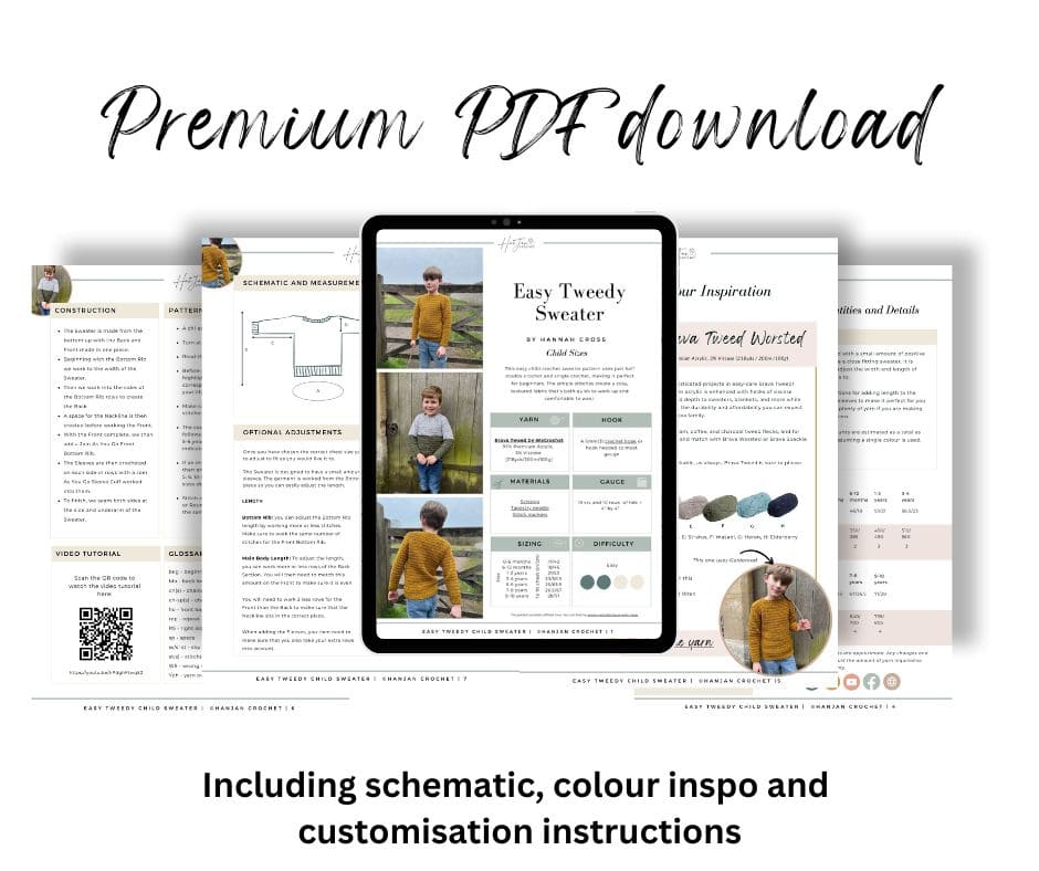 Discover the easiest sweater to crochet with our digital download knitting pattern. The advertisement showcases an iPad displaying a detailed sweater guide, surrounded by page previews. Includes text: "Premium PDF download" and customization instructions for a seamless crafting experience.