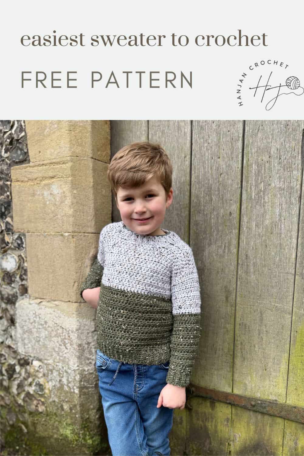 A child in a grey and green crochet sweater poses outdoors, showcasing the effortless charm of the easiest sweater to crochet. Text reads "easiest sweater to crochet, free pattern.