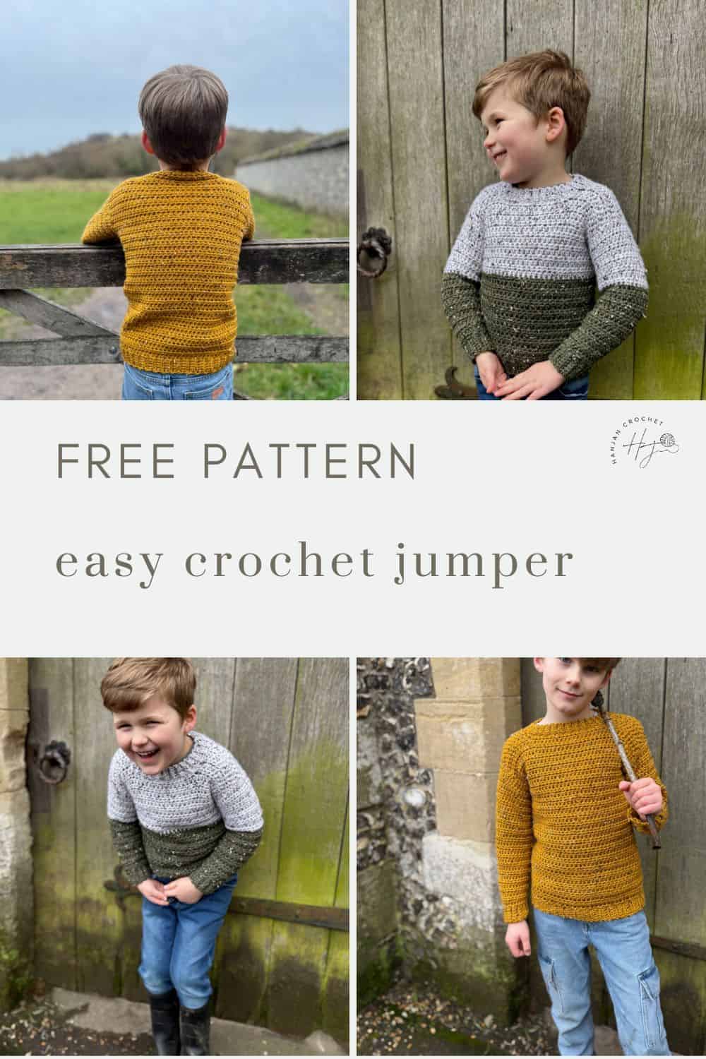 A child wearing a vibrant yellow and grey-green crochet jumper strikes different poses outdoors near a fence and wooden wall, showcasing the easiest sweater to crochet pattern.