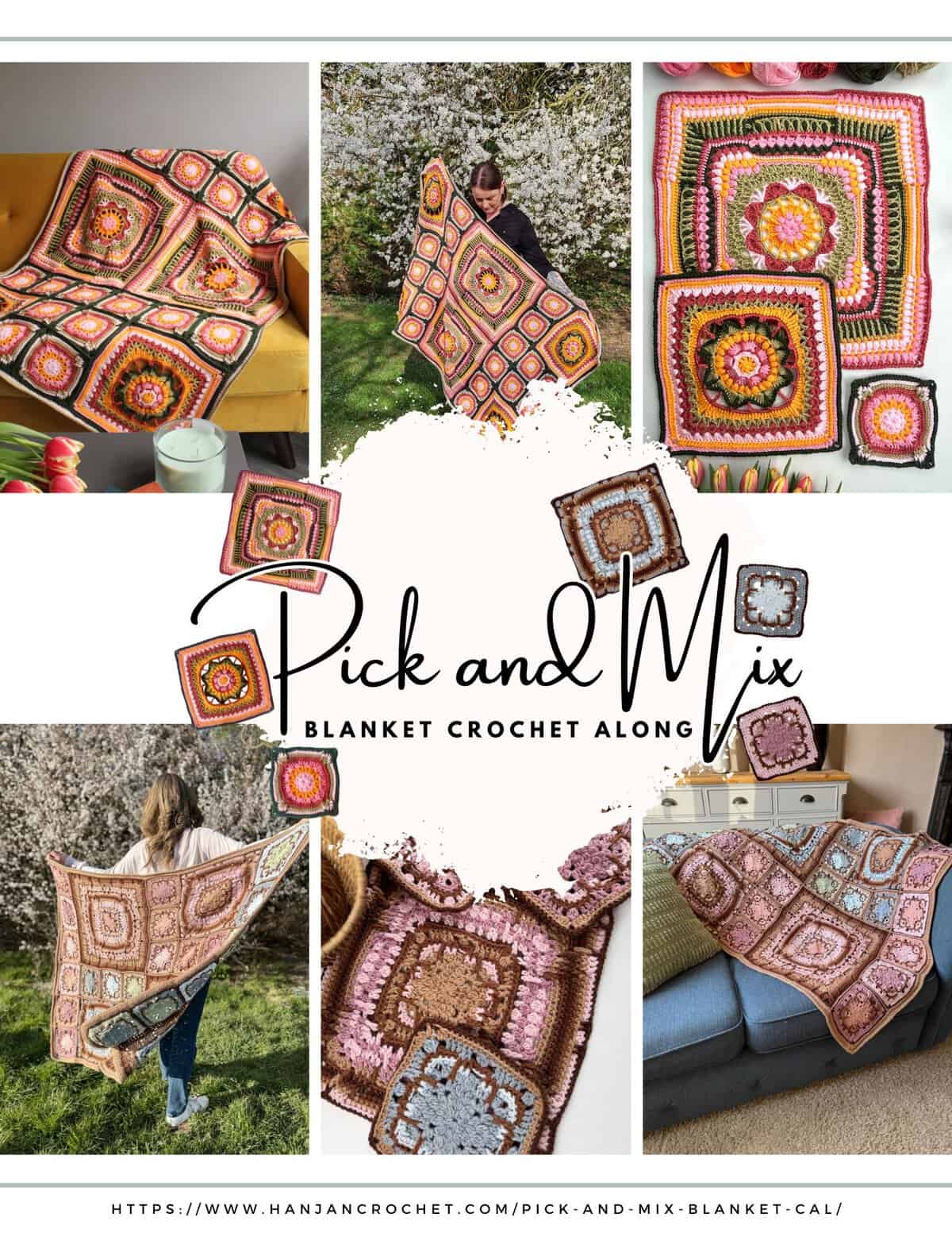 Collage of crochet blankets in various patterns and colors, with the text "Pick and Mix Blanket Crochet Along" and a website URL at the bottom.